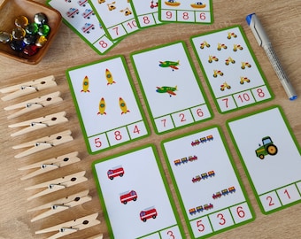 Clothespin Card Playset: Learning Numbers 1 to 10 | Montessori Gift / Cars and Transport Symbols / Educational Toy for Daycare and Preschool
