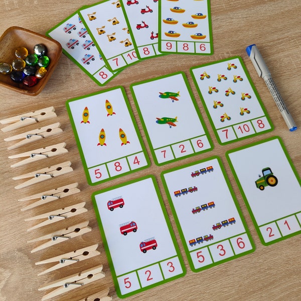 Spielset Klammerkarten: Zahlen lernen 1 bis 10 I Montessori Geschenk /  Autos und Transportsymbole /  Lernspielzeug  Kita und Vorschule