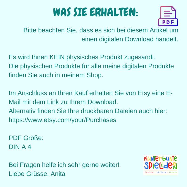 May include: A digital download product description in German, explaining that the buyer will receive a digital download and not a physical product. The description also includes information about how to access the download and the size of the PDF file.