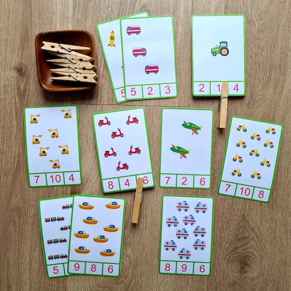 Klammerkarten (PDF) - Zahlen lernen 1 bis 10 - Autos ITransportfahrzeuge I Montessori I Vorschule | Flashcards