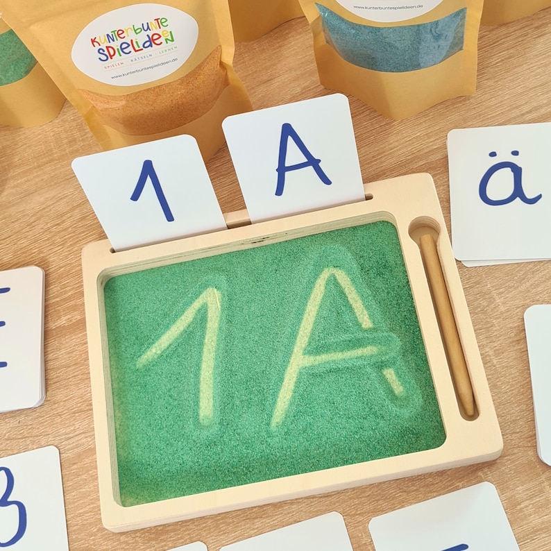 Montessori Sandtablett/ Schreiben lernen Sandpapierbuchstaben/ Grundschrift Alphabet Karten Geschenk zur Einschulung / Zuckertüte Geschenk Bild 1