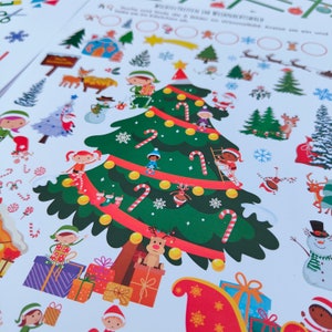 May include: A Christmas-themed sticker sheet with a large green Christmas tree, red and white candy canes, elves, presents, and a snowman. The sheet is white with a red border.