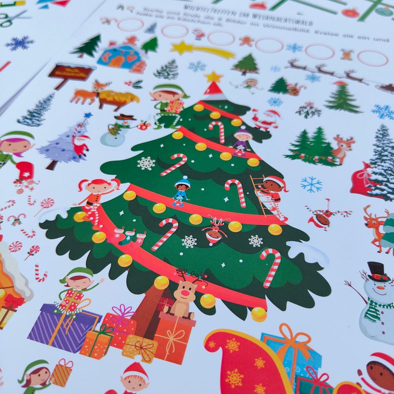 May include: A Christmas-themed sticker sheet with a large green Christmas tree, red and white candy canes, elves, presents, and a snowman. The sheet is white with a red border.