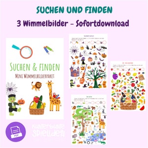 May include: A set of three printable Halloween-themed "Where's Waldo" style "I Spy" activity sheets. Each sheet features a colorful illustration with a list of items to find. The title of the set is "Suchen und Finden" which translates to "Search and Find" in English. The text "3 Wimmelbilder - Sofortdownload" translates to "3 Hidden Picture Games - Instant Download".