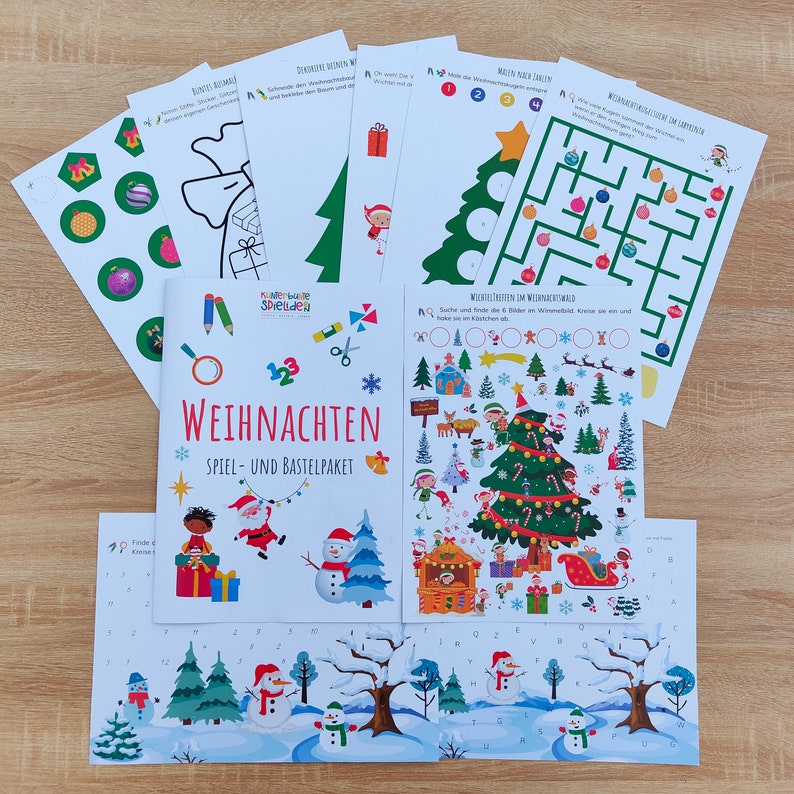 May include: A Christmas-themed activity book with a colorful cover featuring a snowman, Santa Claus, and a Christmas tree. The book includes games, puzzles, and crafts for children.