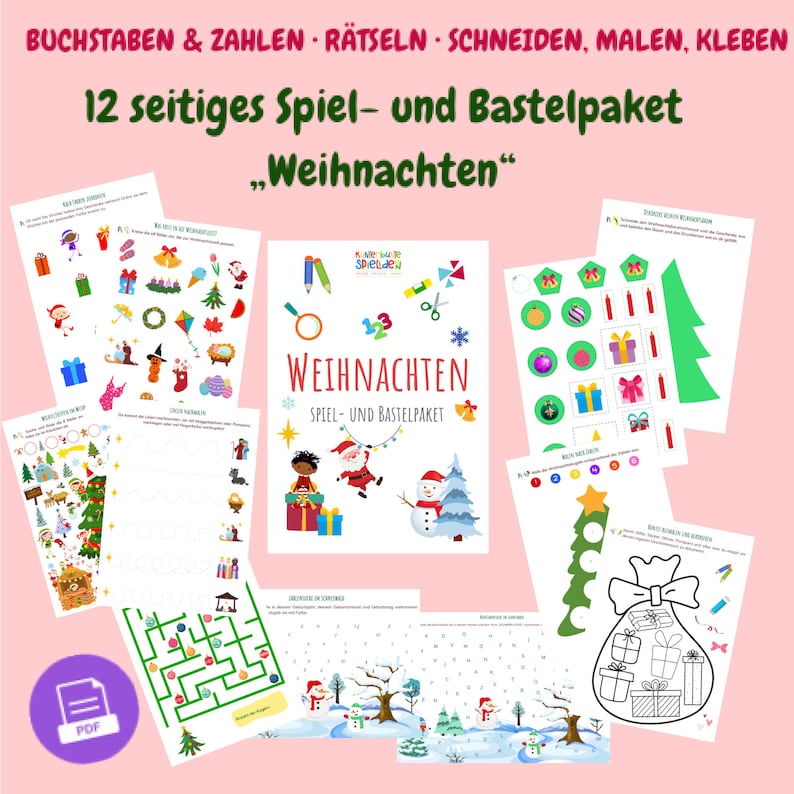 May include: A 12-page Christmas-themed activity book for kids. The cover features a colorful illustration of a snowman, Santa Claus, and a child holding presents. The title of the book is "Weihnachten Spiel- und Bastelpaket" which translates to "Christmas Game and Craft Kit".