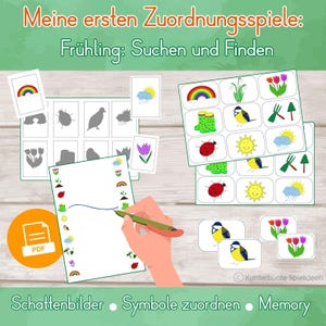 Spring-themed matching game for printing, ages 2 and up – connect shadow pictures and symbols + memory game for daycare, Montessori kindergarten, and occupational therapy