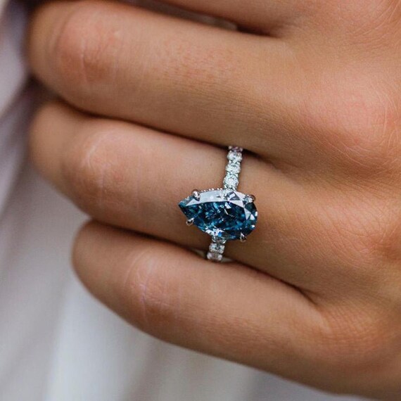Blue Pear Cut Engagement Ring 3 Ct Moissanite Diamond Ring 14k Etsy
