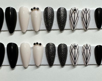 Black, White and Dark Silver Glitter with Black Linework and Rhinestones Medium / Long Stiletto Press On Nail Kit