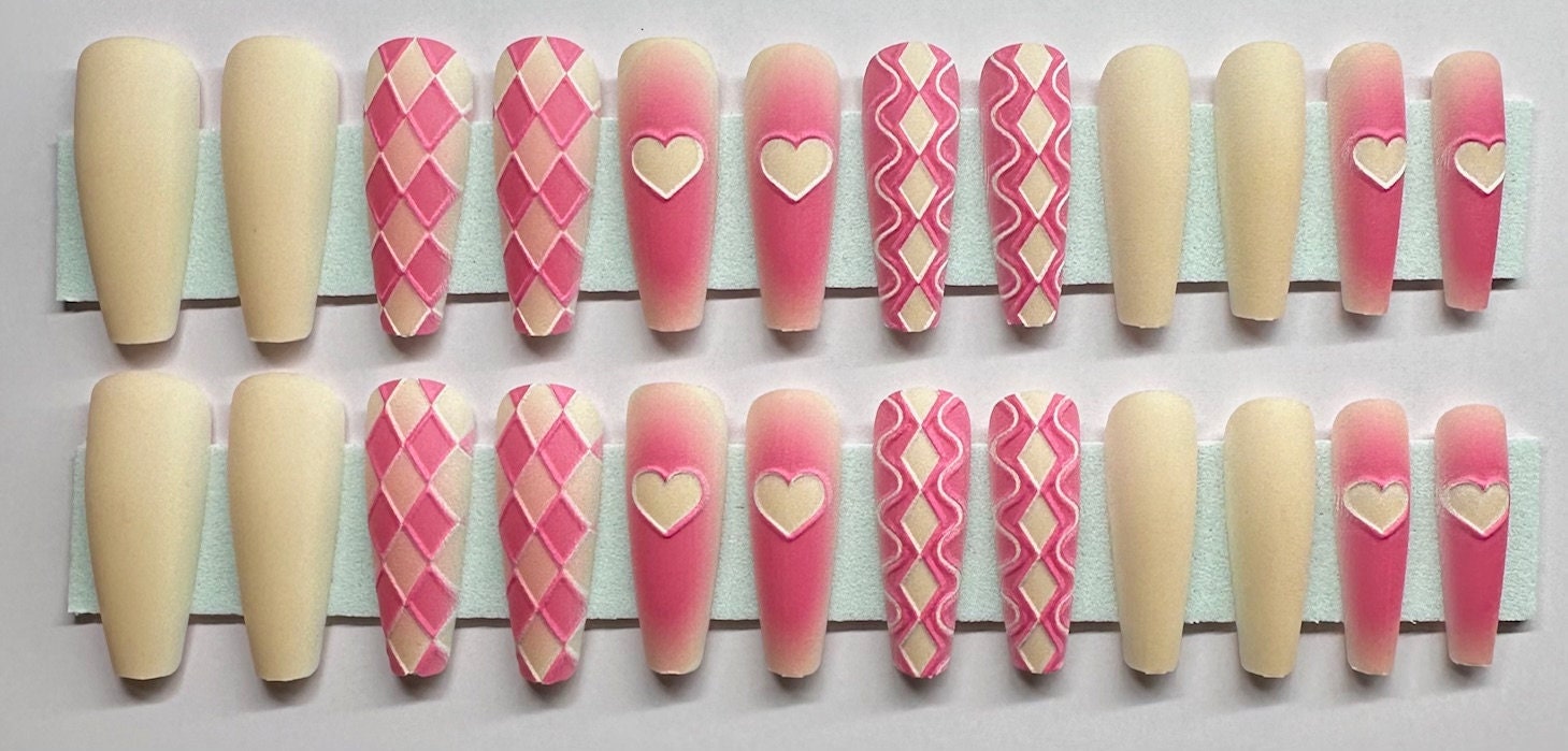 3D Matte Nude, Pink and Ombre Pink Diamond Checker Patterns & Hearts with Nude and Pink Ombre and Pink Swirls XLong Coffin Press On Nail Kit