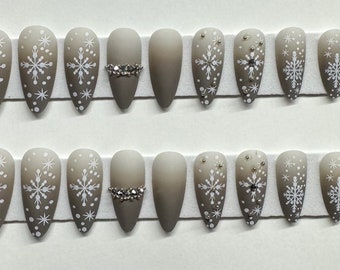 Matte Grey Ombre with Snowflakes and Polka Dots, Rhinestone and Beads and Silver Textured Glitter Christmas Long Stiletto Press On Nail Kit