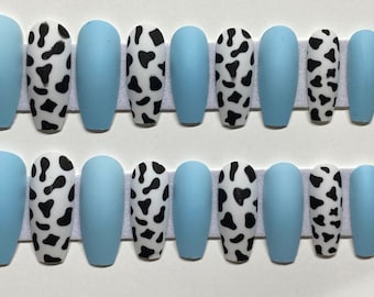 Matte Blue and Black and White Cow Print XL Coffin Press On Nail Kit