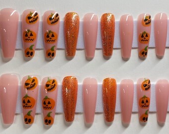 Sheer Pink and Orange with Gold Glitter and Pumpkins Halloween XL Coffin Press On Nail Kit