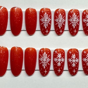 Glittery Red and Snowflakes Christmas Long Round Press On Nail Kit