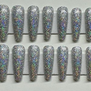 Silver Holographic Textured Glitter XLong Coffin Press On Nail Kit