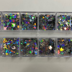 1 x 12 of Silver Holographic Fun Shaped Happy Face, Unicorns, etc Nail Flakes, Laser Sequins, Nail Polish, UV Gel /Resin Craft Sequins