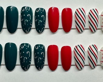 Green & Red, Candy Canes and Stripes Christmas Long Round  Press On Nail Kit