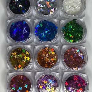 12 Pack of Butterfly Glitter Nail Flakes, Laser Sequins, Rainbow Butterflies, Nail Polish, UV Gel / Resin Craft Sequins