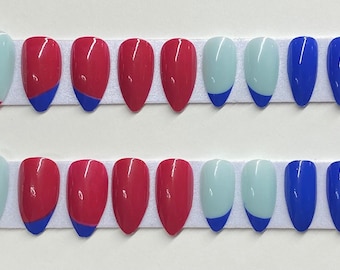 Baby Blue, Red and Blue Color Block Medium Stiletto Press On Nail Kit