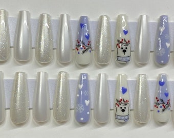 White with Iridescent Glitter, White Pearl/ Chrome, Blue Snowflakes, Hearts, Polar Bears and Mistletoe Christmas XL Coffin Press On Nail Kit