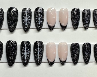 Black Iridescent Glitter, Snowflakes, Glitter French Tip Christmas Long Stiletto Press On Nail Kit