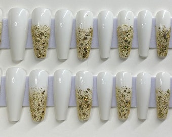 White with Gold Glitter XL Coffin Press On Nail Kit