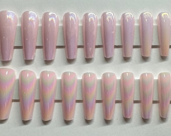 May include: Set of 20 long, coffin-shaped, iridescent pink press-on nails.