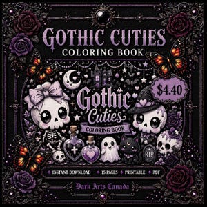 Peut inclure: Livre de coloriage "Gothic Cuties" avec un design noir et violet. La couverture présente des têtes de mort de dessins animés, des papillons et une maison hantée. Le prix est de 4,40 $. Le livre est annoncé comme un téléchargement instantané avec 15 pages imprimables.