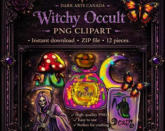Witch PNG Clipart Bundle | Gothic Tarot, Crystal, Mushroom & Moon Graphics | Dark Occult Transparent Download
