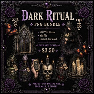 Dark ritual PNG bundle, gothic witch clipart, occult digital elements, skull candles potion art