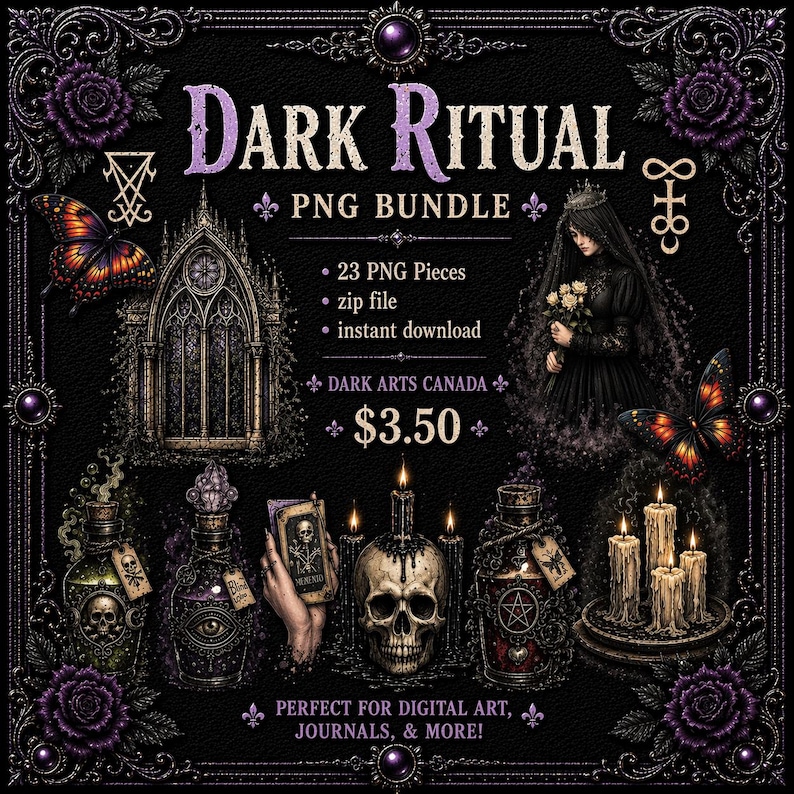 Dark ritual PNG bundle, gothic witch clipart, occult digital elements, skull candles potion art