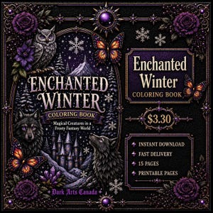 May include: A digital coloring book cover titled "Enchanted Winter" with illustrations of an owl, wolves, butterflies, and a castle. The design incorporates purple and black tones, snowflakes, and the text "Magical Creatures in a Frosty Fantasy World."