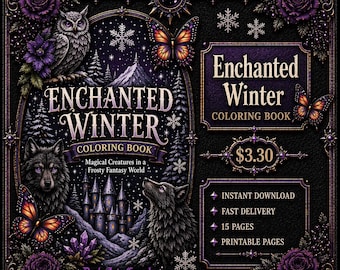 May include: A digital coloring book cover titled "Enchanted Winter" with illustrations of an owl, wolves, butterflies, and a castle. The design incorporates purple and black tones, snowflakes, and the text "Magical Creatures in a Frosty Fantasy World."