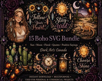 Boho Sun Moon Floral SVG Bundle | Celestial Cut Files, PNG (Digital Download)