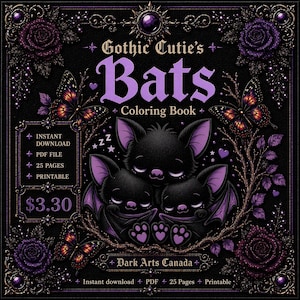 Könnte beinhalten: Ein schwarzes Malbuch mit dem Titel "Gothic Cutie's Bats" mit lila Akzenten. Das Cover zeigt drei schlafende Cartoon-Fledermäuse, Schmetterlinge und Rosen. Das Buch ist ein druckbares PDF mit 25 Seiten.