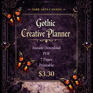 Puede incluir: Una descarga digital titulada "Gothic Creative Planner" con un fondo morado oscuro. El diseño presenta mariposas, rosas y bordes decorativos. El texto incluye "Descarga instantánea", "PDF", "7 páginas" e "Imprimible".