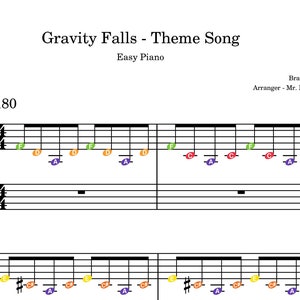 Puede incluir: Partitura de "Gravity Falls - Theme Song" arreglada para piano fácil. La notación musical incluye claves de sol y de fa, con notas de colores y la indicación de tempo de 180. El arreglista es Mr. Matthew.