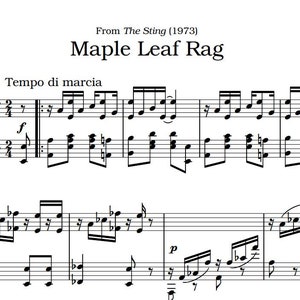 Puede incluir: Partitura musical para la canción "Maple Leaf Rag" de Scott Joplin. La música está escrita en la clave de Do mayor y está en un tempo di marcia. El título de la canción está escrito en letras grandes y en negrita en la parte superior de la página. Las palabras "From The Sting (1973)" están escritas encima del título.