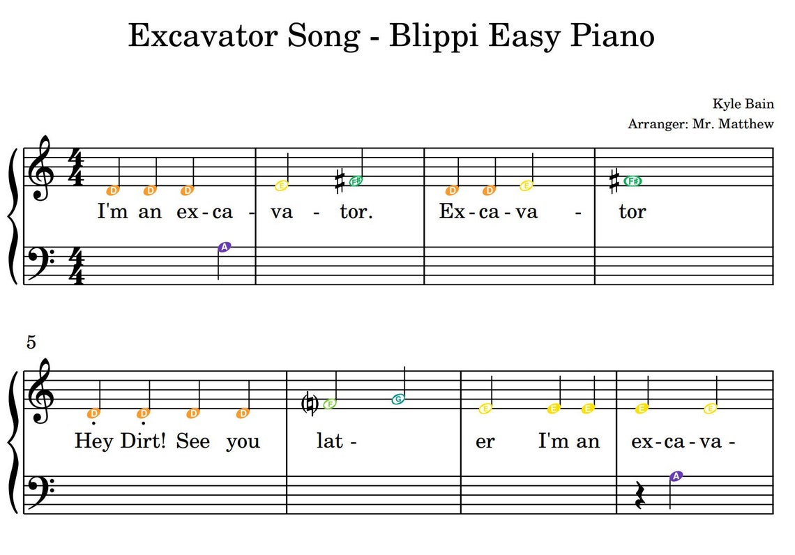 Excavator Song Blippi Easy Piano Etsy