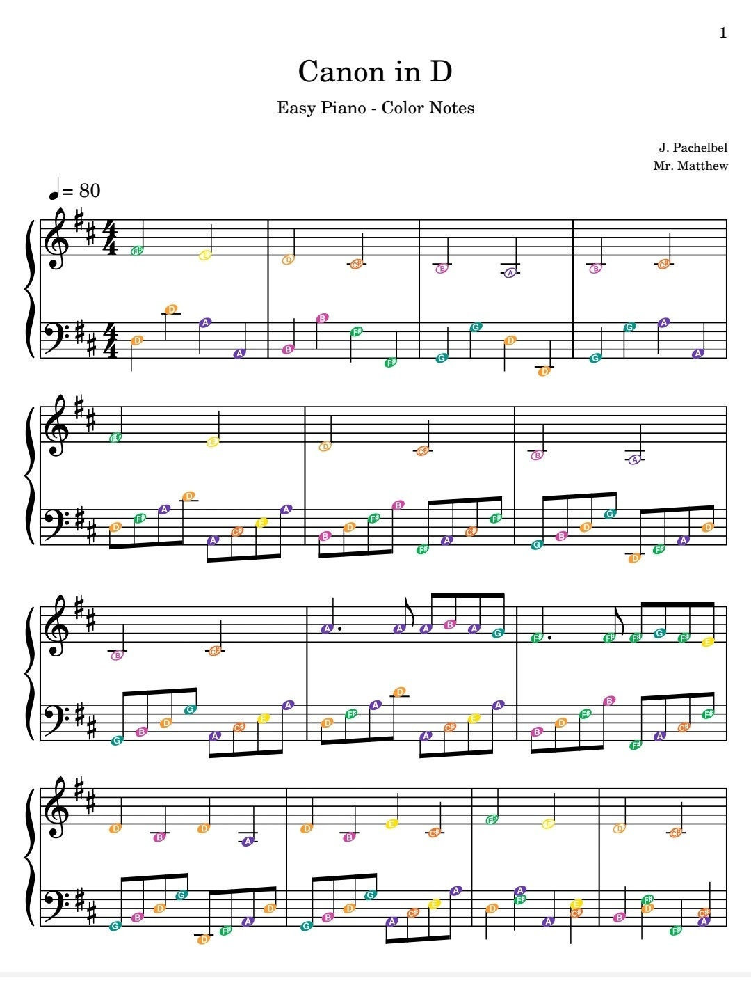 Canon in D Easy Piano - Color Notes - Etsy