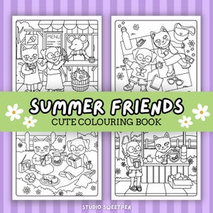 Summer Cat and Dog Coloring Book, Digital Download PDF, Printable
