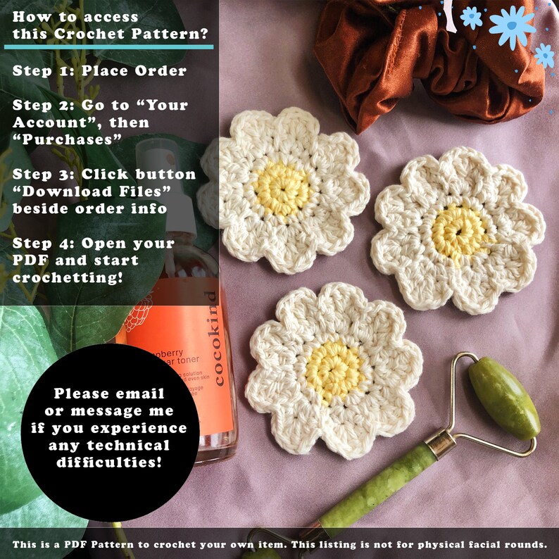 May include: Three handmade crochet daisy coasters with cream petals and yellow centres are shown on a purple surface. The image includes text about accessing the crochet pattern and a jade roller.