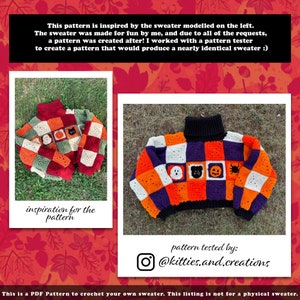 May include: Two crochet sweaters with a Halloween theme. The sweater on the left is red, orange, green, and white. The sweater on the right is orange, purple, white, and black. Both sweaters have a black turtleneck collar. The sweaters are made with a square pattern and feature various Halloween-themed motifs, including ghosts, pumpkins, bats, and cats.