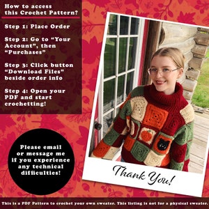 May include: A crochet pattern for a sweater with a patchwork design featuring a pumpkin and a black cat. The pattern is available as a digital download. The image also includes instructions on how to access the pattern.