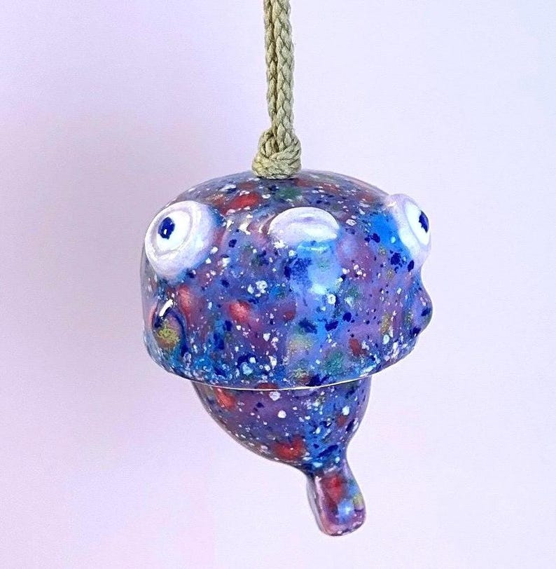 Baby Face Fish Hanging Ornament – Handmade Ceramic Art, Articulated Tiny Sculpture, Whimsical Garden Decor, Small Wind Chime Galaxy Speck