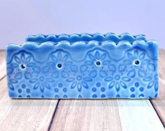 Ceramic Sponge Holder for Kitchen Sink • Handmade Stoneware Sponge Caddy • Blue Floral Pottery Sink Organizer • Housewarming Gift
