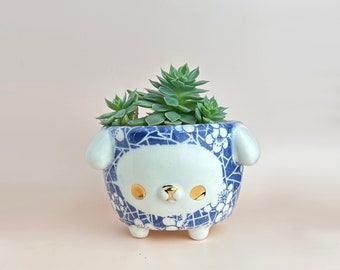 Cute Succulent planter, succulent planter with drainage,small ceramic planter, cute cactus planter, animal planter, white and blue ceramics