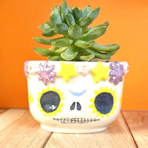 Handgemaakte keramische succulente plantenbak met suikerschedel – grillige pot voor de dag van de doden met bloemendetails