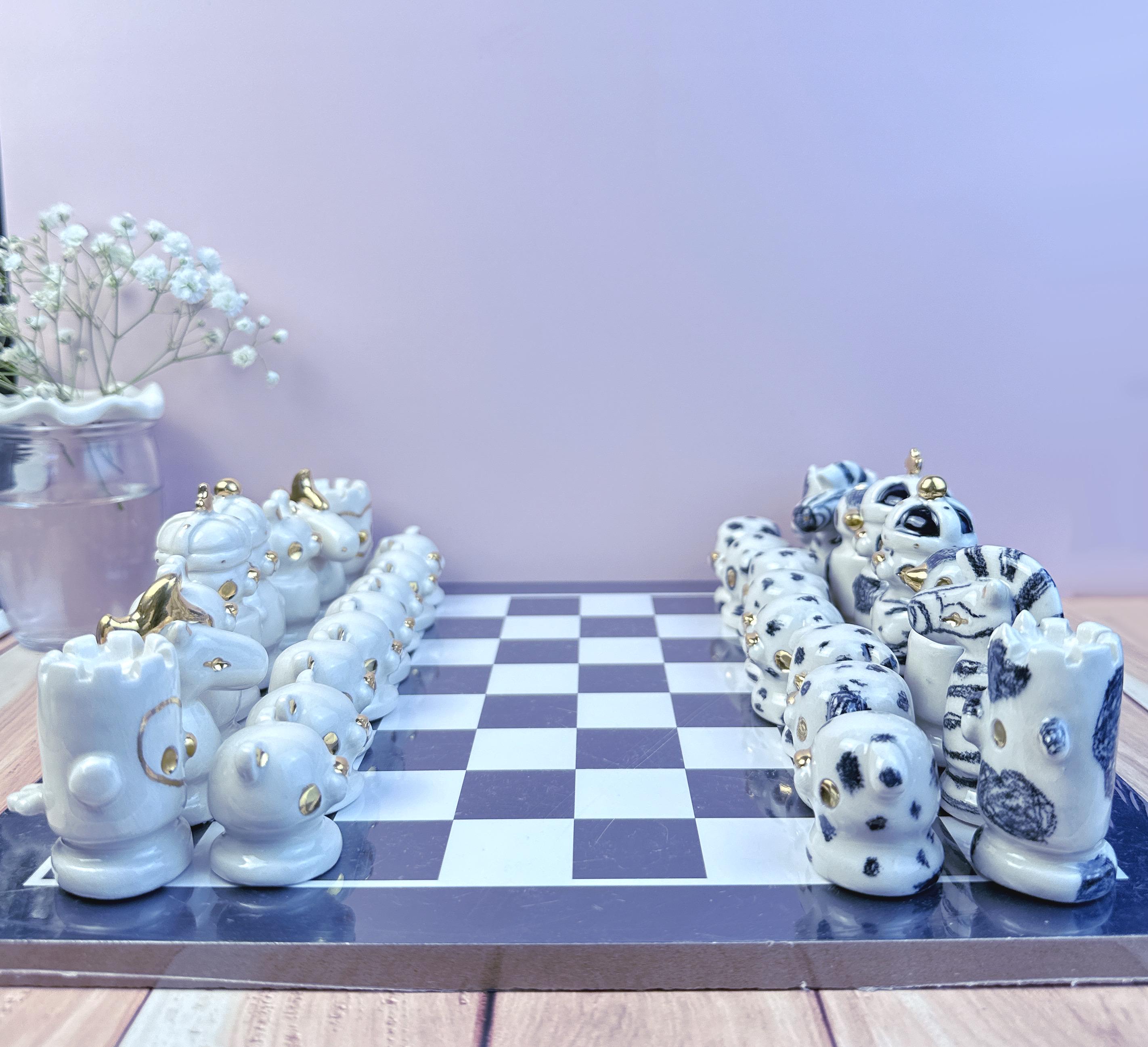 Handmade Porcelain Animal Chess Set – Sketchy Black & White Design