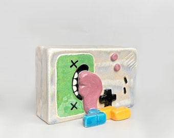 Game boy sculpture, video game lover gift, ceramic  sculpture, pottery sculpture , ceramic fun decor, vintage gamer gift